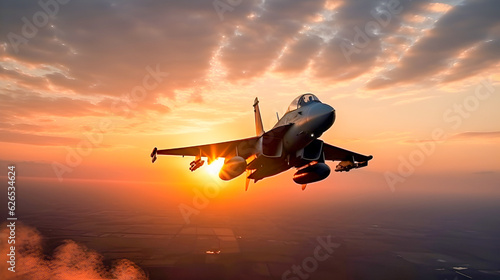 flying over the cities at sunset jet fighter f16 with great speed.Patrol of military combat aviation, protection of state borders concept. AI generated