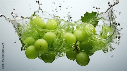 Juicy green grapes. Grape juice splash. Ripe grapes in water splash creative vector illustration. Juicy fruits and juice. Water drops. Natural white wine. Winery. Generative ai.