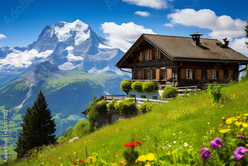 Swiss chalet nestled in the Alps, capturing the charm of Alpine architecture. Wooden house with steeply pitched roofs and mountains in background