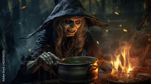 Photo of A wicked witch cackles as she stirs her cauldron, brewing a potion of mischief and magic,halloween