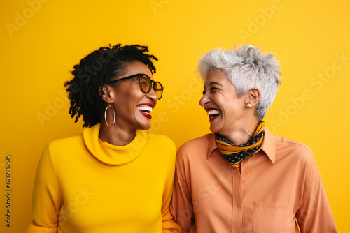 Two elderly woman of different races hugging and laughing on a yellow background