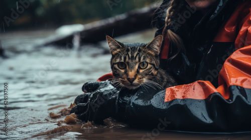 lifeguard saves a kitten from the water during the flood generative ai