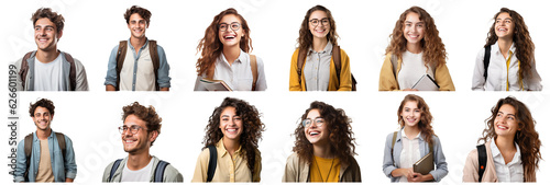 Collection of smiling students with going to school happily on a transparent background