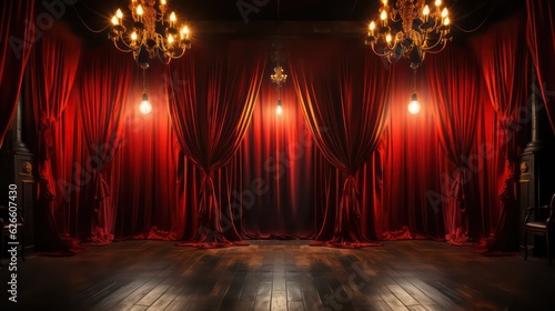 Burlesque Cabaret Red Velvet Curtains with Bright Yellow Lights