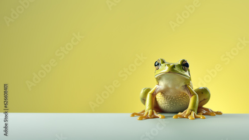 Real green frog with a light white belly sitting on a surface, isolated on a light green background