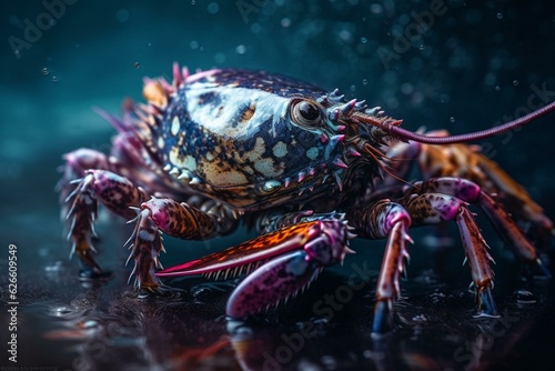 Artistic depiction of a decapod crustacean in a colorful aqueous medium. Generative AI