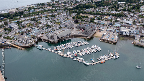 Aerial view of Falmouth townscape and harbour in Cornwall