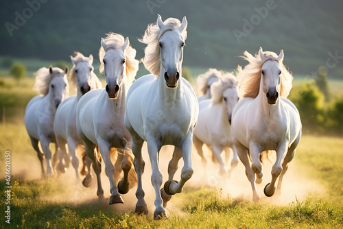 A herd of white horses runs across the meadow at sunset.
