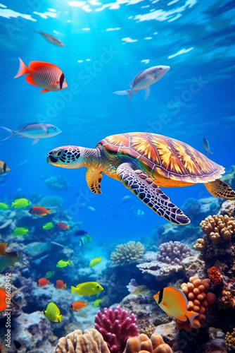 Sea turtle surrounded by colorful fish underwater.