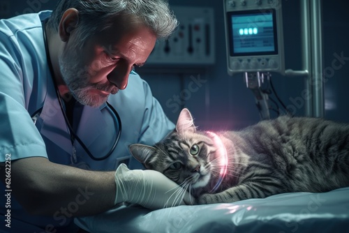 An injured cat is being checked up by a veterinarian at a vet clinic. AI generated