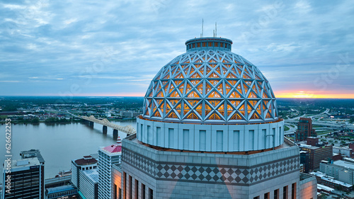 400 west market building downtown aerial Louisville Kentucky sunset red horizon glow Ohio River