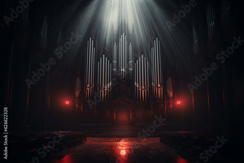 Rows of organ pipes receding into dark church interior with spotlight