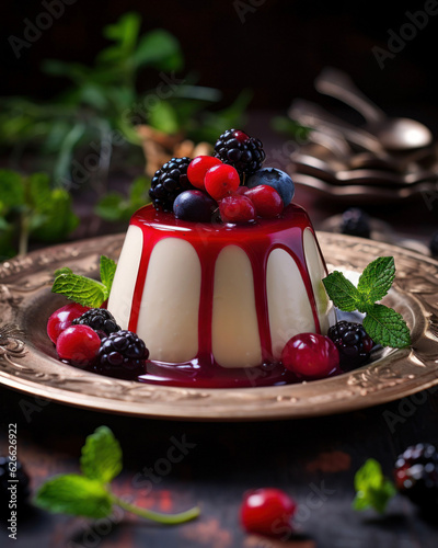 Generated photorealistic image of panna cotta with berries
