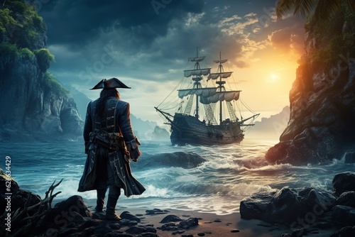 Pirate captain stands on a tropical island, looking at his ship at sea