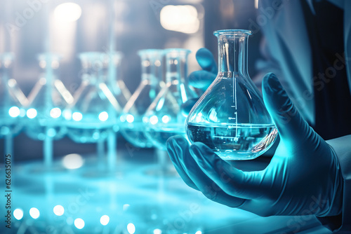 Scientist in laboratory analyzing blue substance in beaker, conducting medical research for pharmaceutical discovery, biotechnology development in healthcare, science and chemistry concept