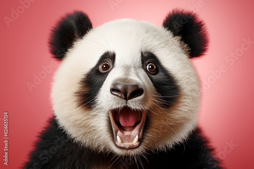 Shocked panda with big eyes isolated on pink background, funny animal expression, cute and surprised face