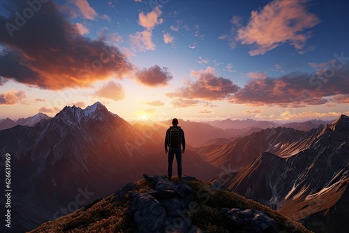 Hiker at the summit of a mountain overlooking a stunning view. Apex silhouette cliffs and valley landscape at sunset.