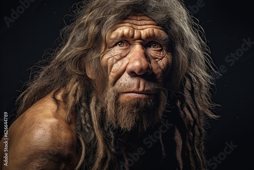 Portrait of a neanderthal man, prehistoric human, tribal caveman in a dark cave, hunter from prehistory era