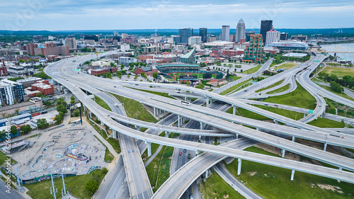 Crisscrossing suspended highway roads aerial Lynn Family Stadium downtown Louisville KY aerial