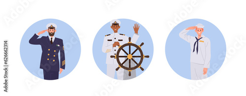 Ship crew isolated set of round composition with happy admiral, captain, seafarer steward seaman