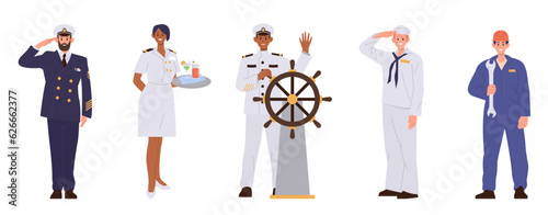 Yacht or cruise ship liner sailors crew character cartoon people isolated set on white background
