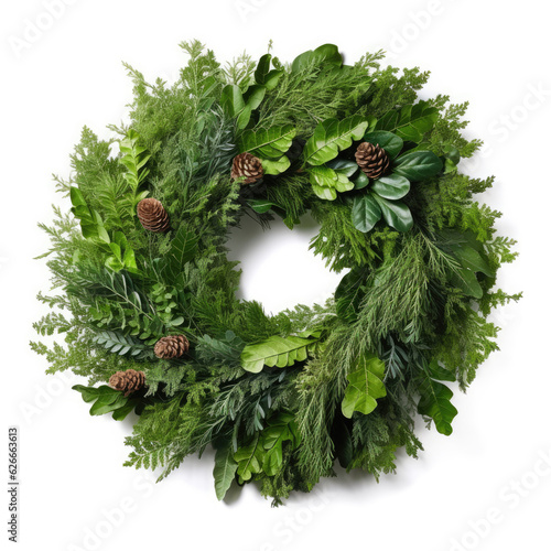 Christmas wreath of their coniferous tree branches isolated on white background.