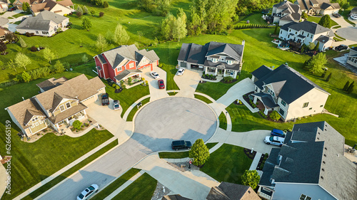 Cul-de-sac of various house colors with police car USA rich homes aerial