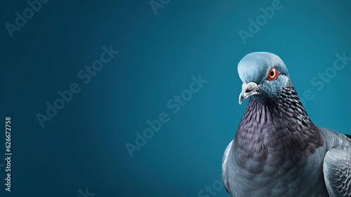 Advertising portrait, banner, classic color pidgeon with serious look and yellow eyes looks straight, isolated on blue background
