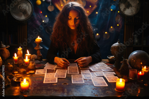 A female fortune teller, with an array of mystical tarot cards displayed on a table