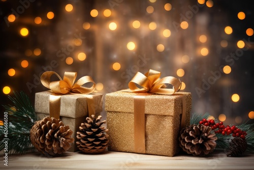 christmas and new year background - gift boxes and pine cones and branches on the background of bokeh garlands