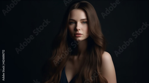 Woman beauty with healthy skin and hairstyle, brunette with long hair over dark background female portrait Generated Ai