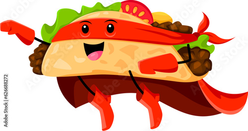 Cartoon fast food happy taco superhero character. Mexican street food meal defender comical personage, fast food dish defender or taco flying superhero childish isolated vector character or mascot