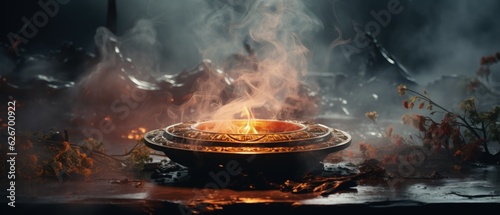 Incense burning in a decorated oriental censer with smoke, outdoor environment with a background of rocks