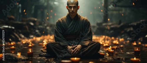 Monk's Candlelit Vigil: A monk in meditation, representing spiritual dedication amidst flickering lights.