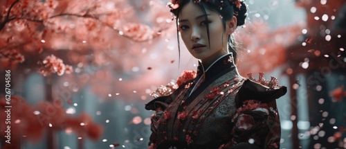Enigmatic woman in traditional Chinese attire amidst cherry blossom trees, ethereal pink petals floating.