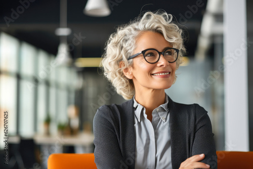 Proud and confident woman reflecting on a recent business achievement with satisfaction and gratitude, with her looking towards the sky in search of new ideas