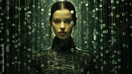 Sci - fi dot matrix style red, woman, barcode art, generative AI
