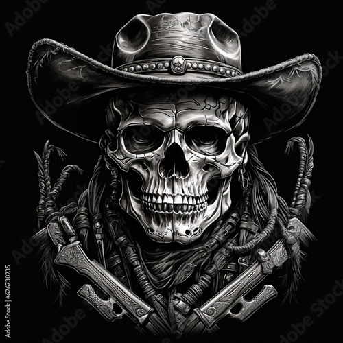 The Last Ride: A Cowboy Skull in the Wild West . For t-shirts, shirts , logos ,wallpaper,mug,cap,hat.with a cowboy hat.dark color .horror .warrior 