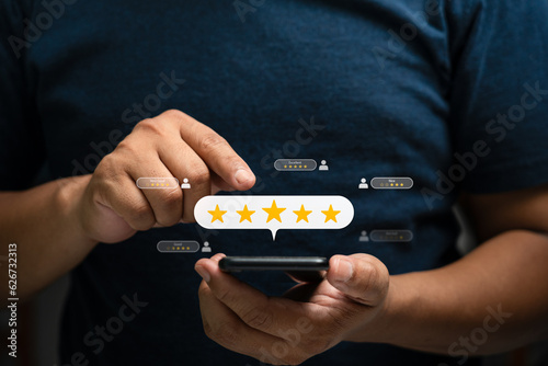 Customer review satisfaction feedback survey concept. Business people rate service experience and product quality or staff friendliness and overall value for the price. information, amend, improve