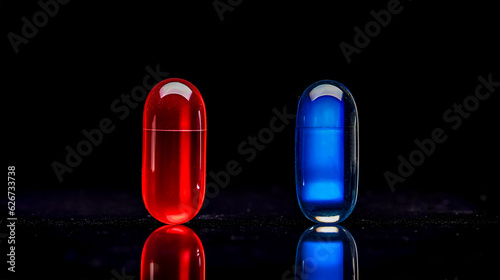red and blue pills, true or false, placebo effect, black background made with Generative AI