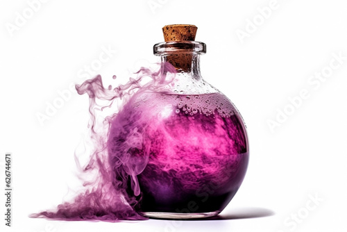 Magic potion in glass bottle on white background