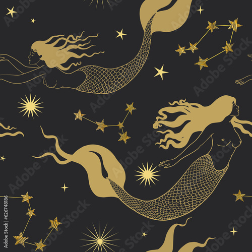 Beautiful seamless pattern with gentle mermaids in the sea. Stock illustration. Fantasy creature.