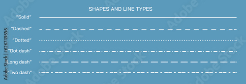 Shapes and line styles, vector illustration. Different types of lines to use in presentations. Blank, solid, dashed, dotted, dot and dash, long dash and two dash.