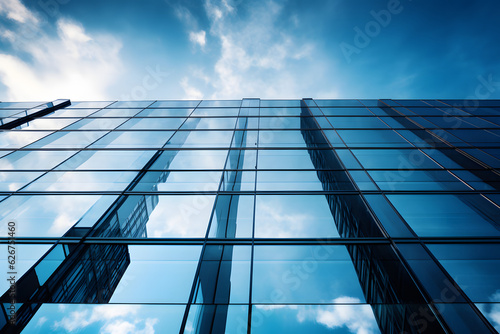 Reflective skyscrapers, business office buildings. Low angle photography of glass curtain wall details of high-rise buildings.The window glass reflects the blue sky and white clouds.