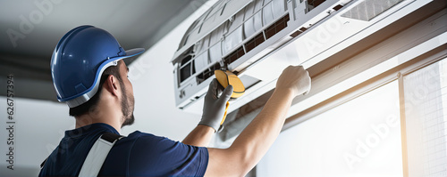 Electrician man repairing air conditioner system