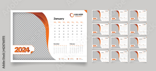 Modern 12 pages desk calendar template for the year 2024 with abstract gradient shapes and an image placeholder