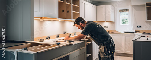 Worker or carpenter installing new modern kitchen.