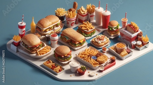 isometric city of fast food with burgers and fries, wallpaper