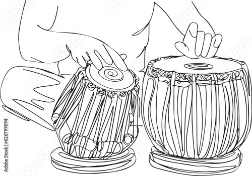 One-Line Melodies: Cartoon Drawing of Playing Tabla "Tabla Beats in One Line: Indian Music Cartoon Illustration" Soulful Tabla Performance