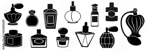 Black perfume bottles. Abstract elegant male cologne bottles, luxury female fragrance sprayer. Vector cologne set